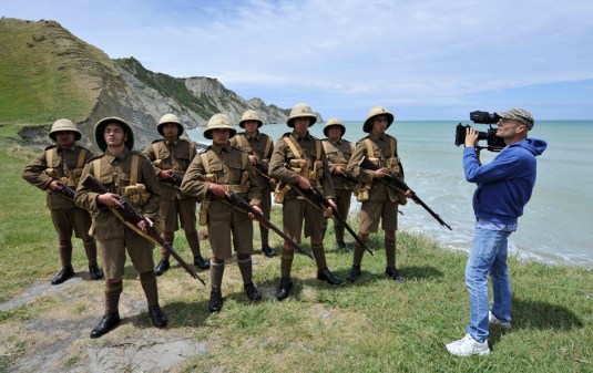 Anzac Filming at sponge bay - FRONT: Matthew Thornton, Malik Priestley, Kereopa Ria, Wikuki Hewett, BACK: Te Keepa Jahnke, Taijahna Kirikino, Eparaima Soutar and Teina Kirikiri filmed by freelance camera-man Mark Chamberlain